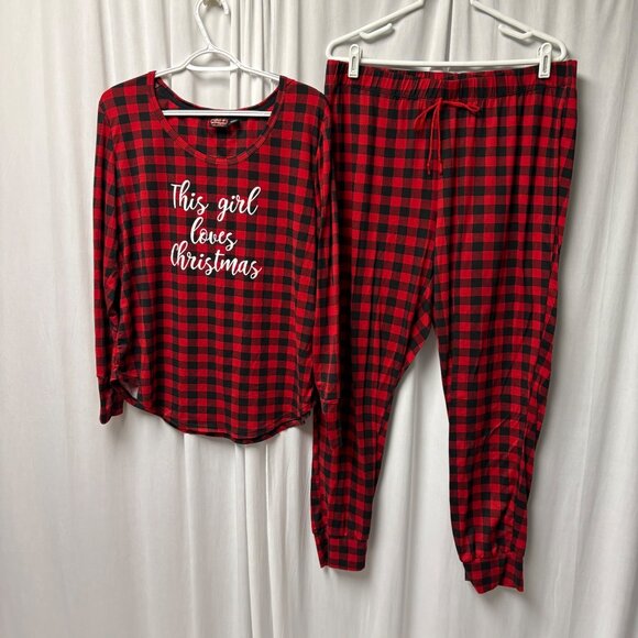 Santas Treasures Red Black Plaid Christmas Pajama Set Womens Sz 1X Cozy Stretch - Picture 1 of 8